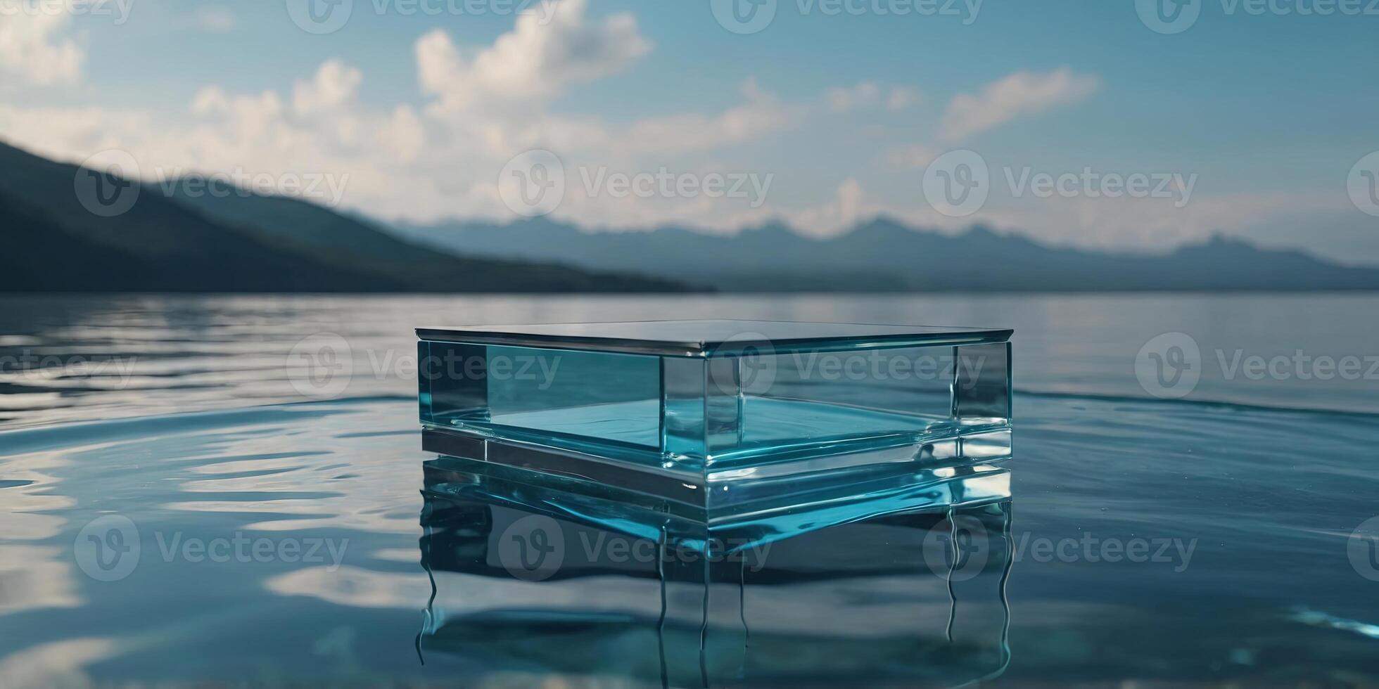 Glass podiums on water background for product presentation Cosmetic mockup. . photo