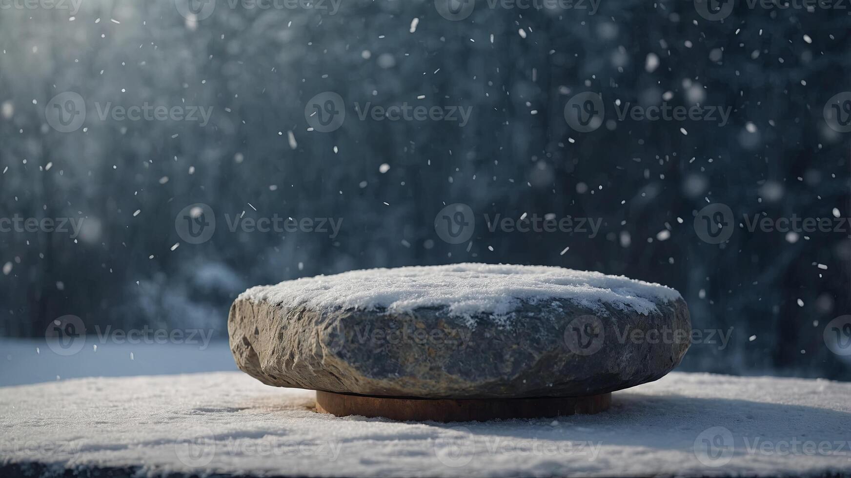 Empty stone pedestal with snowflakes, winter background Modern product display Minimal mockup template. photo