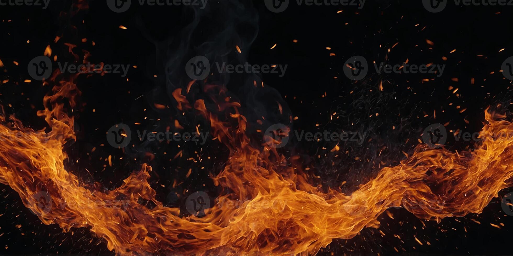 Fire with particles on black background, red fire, fire in the night, Fire flames on black background. . photo
