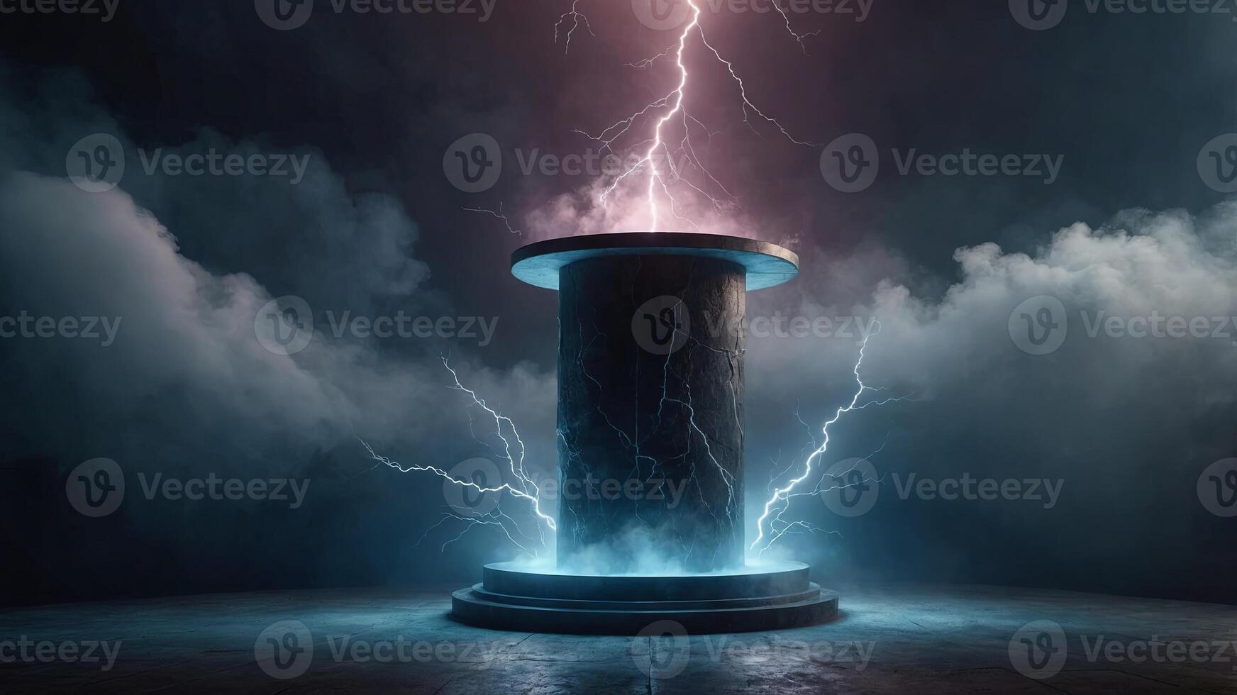 Dramatic round pedestal with lightning and fog background, perfect for showcasing virtual products or abstract themes. photo