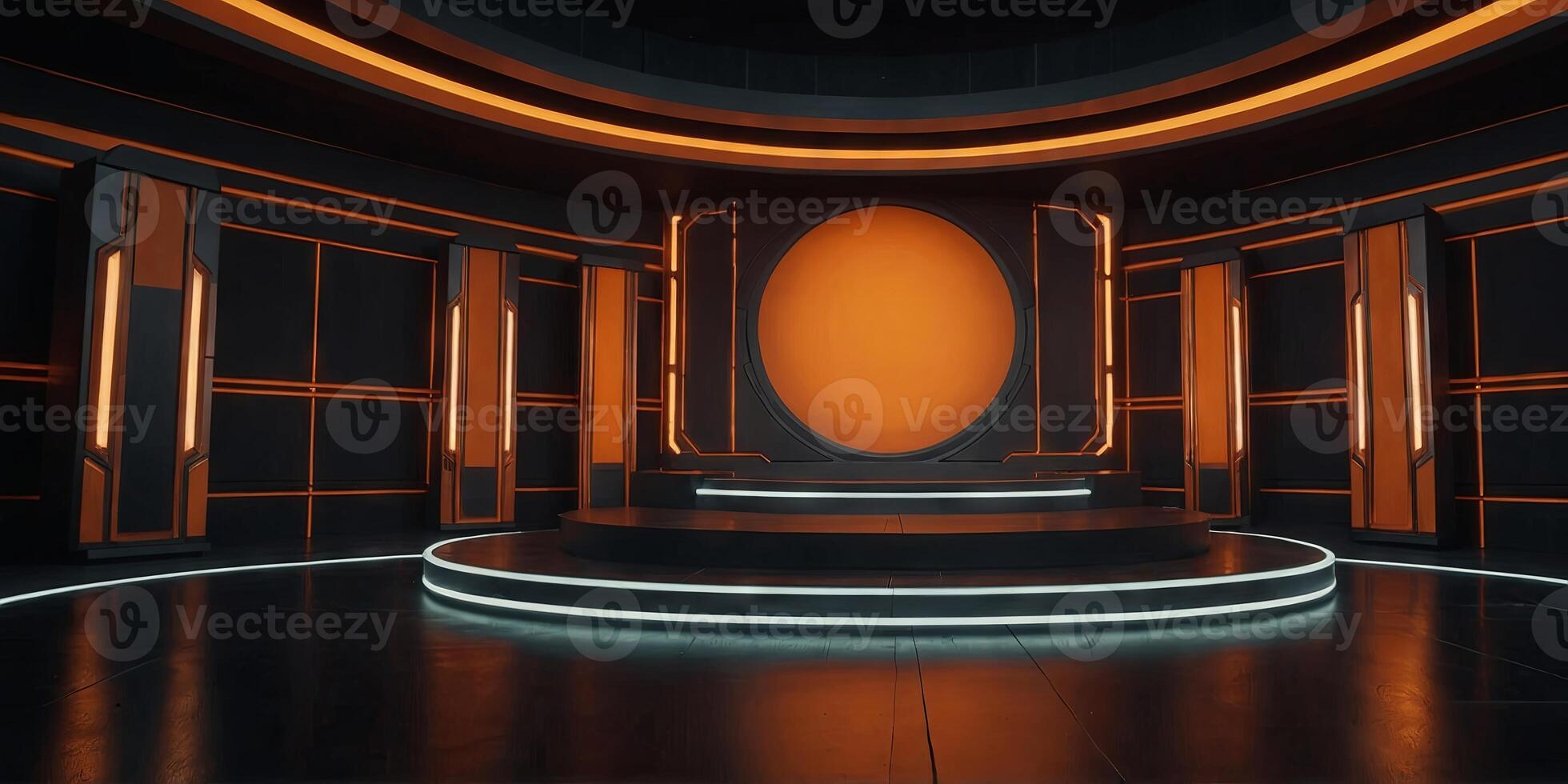 Futuristic orange illuminated empty stage on black background for product showcase display. . photo