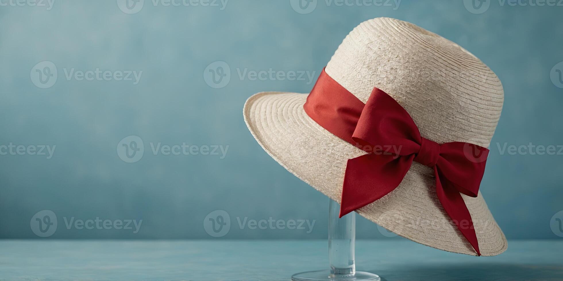 A classic summer hat enhanced by a charming bow, presented on a creamy blue background for a timeless appeal. photo