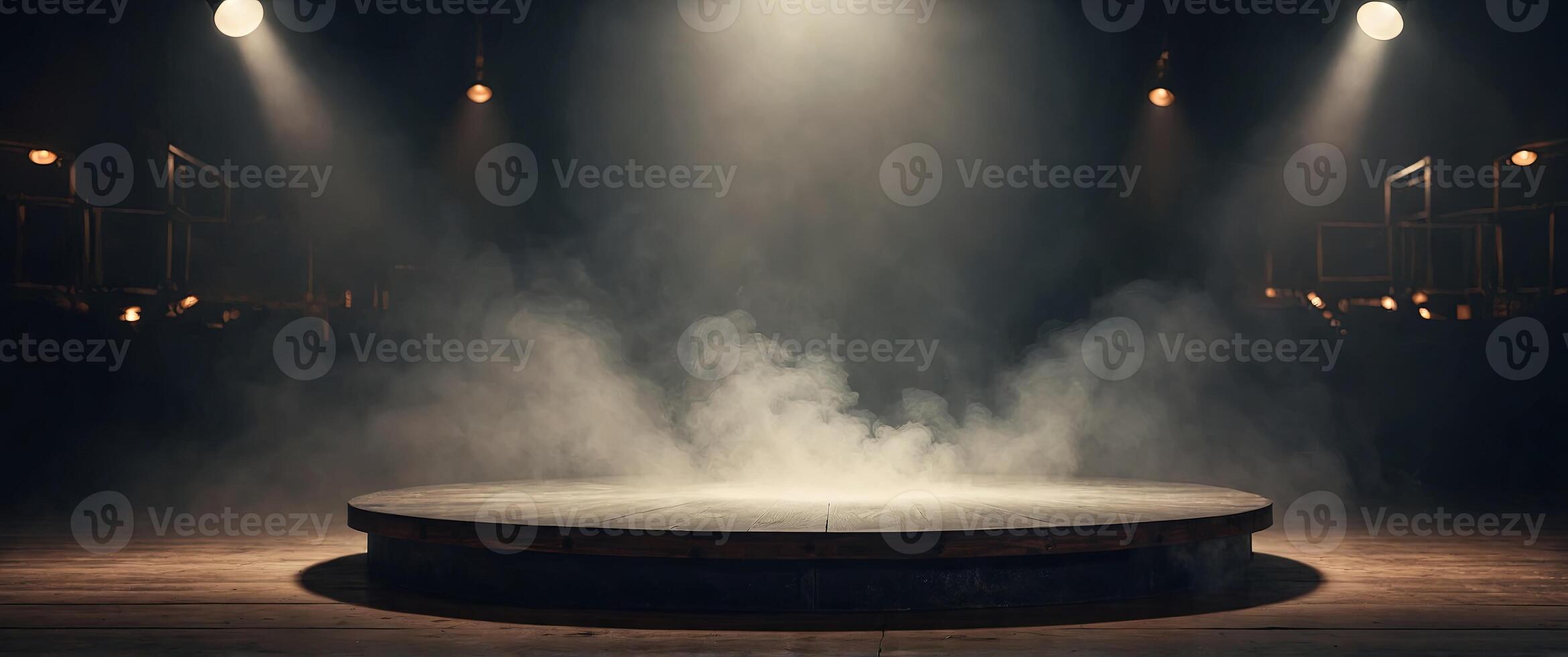 A circular platform bathed in spotlights and smoke Perfect for showcasing products or creating a dramatic backdrop. photo