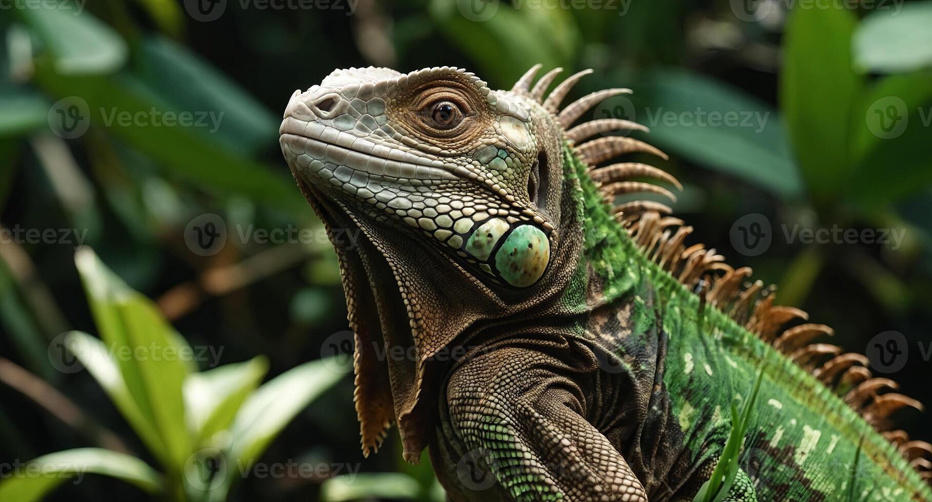 brown iguana eating plants with green plants behind costa rica. photo