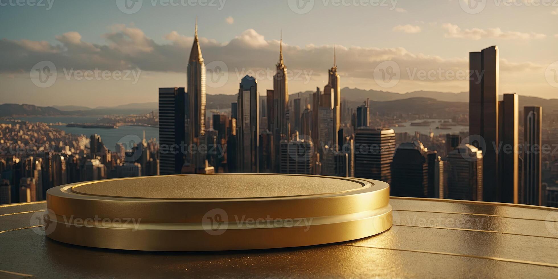 Golden luxury podium for display with city in the background. . photo