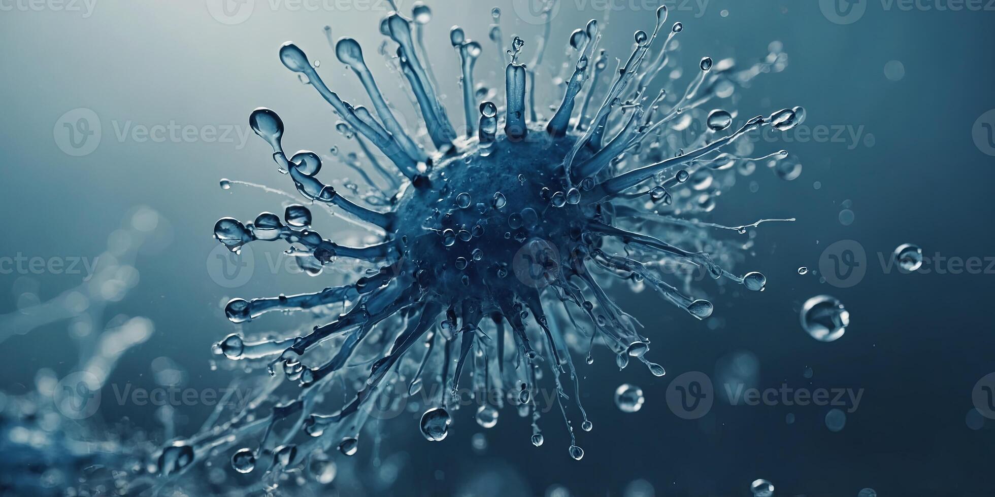 A close up of a blue bacteria with a blue stem The bacteria is surrounded by water droplets. photo