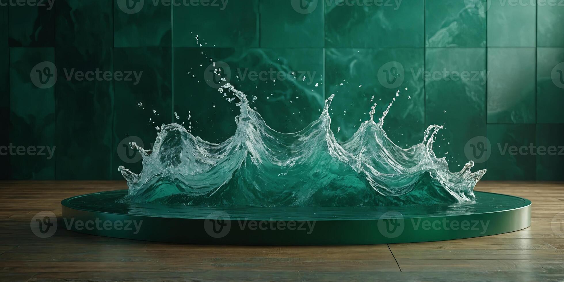 Green water podium with waves for product presentation mockup. . photo