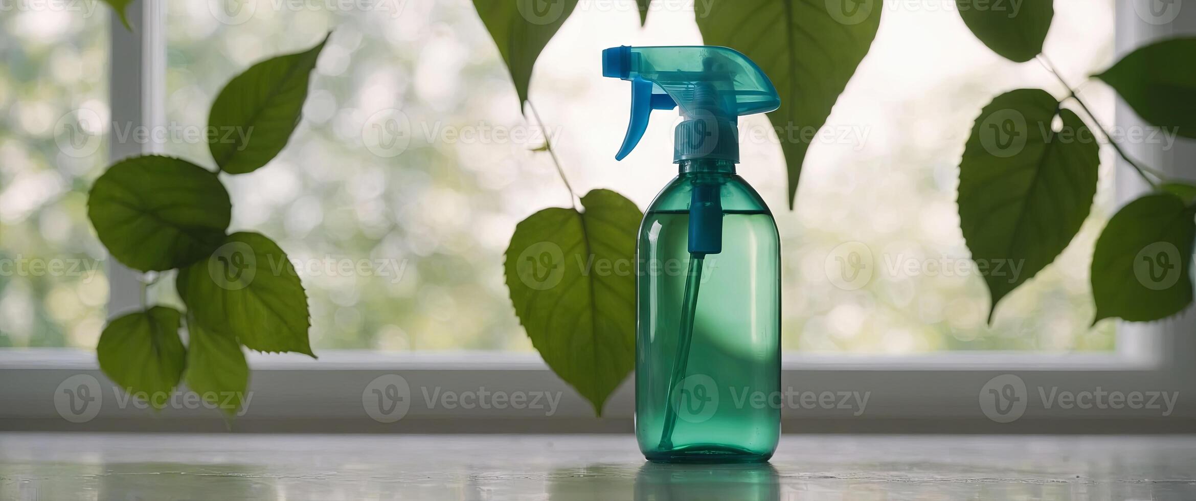 An eco friendly cleaning concept showcasing a spray bottle filled with cleaning solution placed on a light background, accompanied by flying green leaves. photo