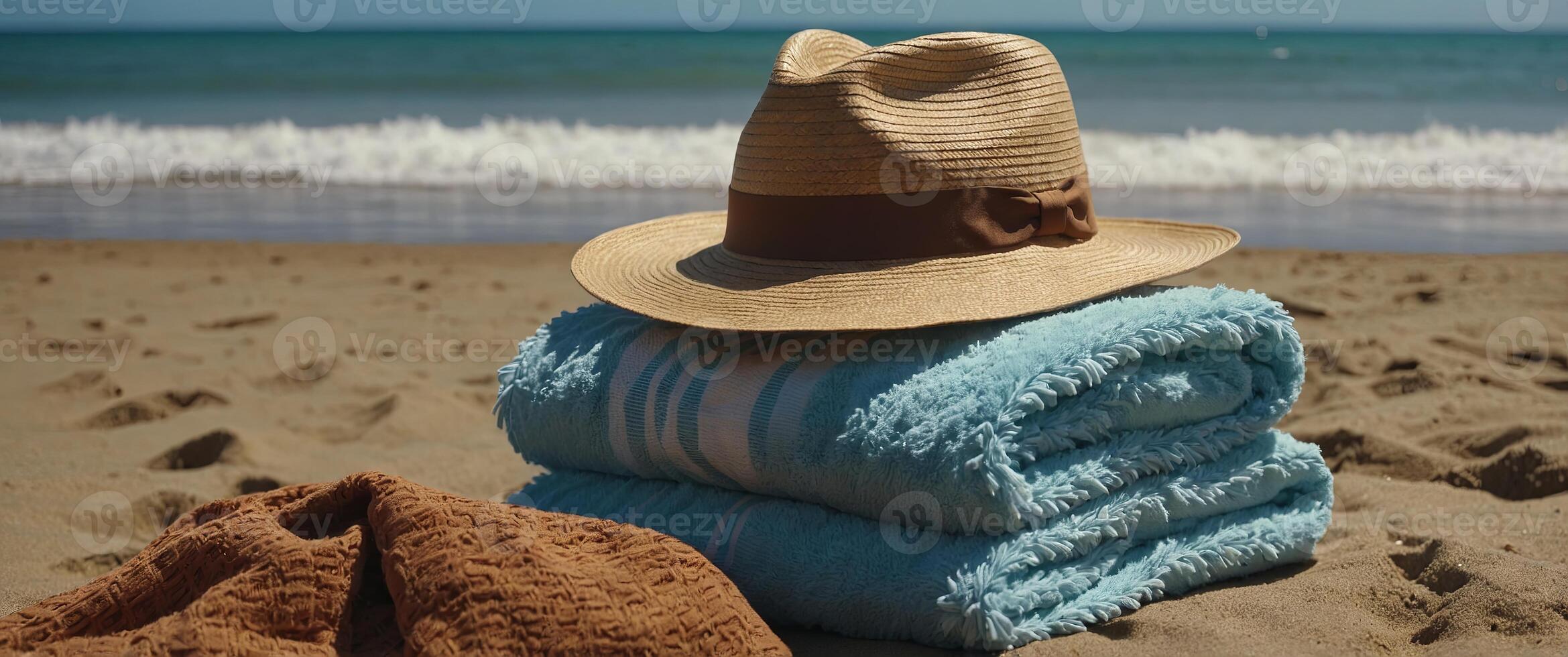 Towels and hat on the beach, Summer holiday vacation concept. photo