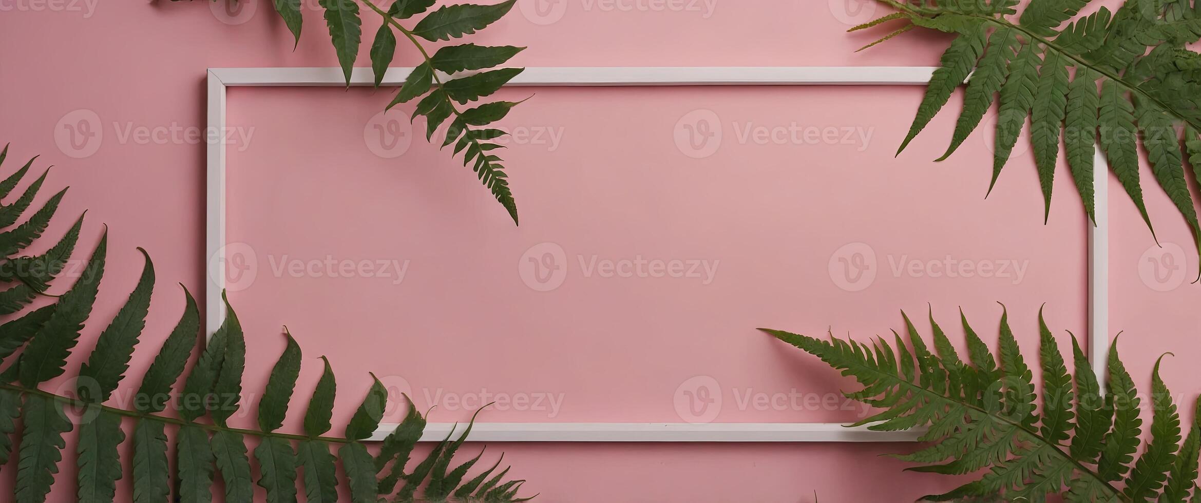 Top view pink fern leaves frame on pink background, Minimal fashion summer holiday concept Flat lay. photo