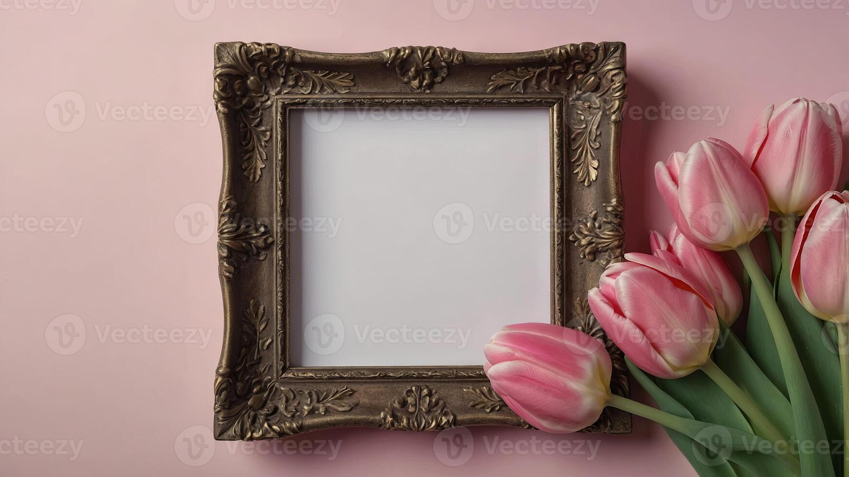A charming display featuring an empty photo frame adorned with pink tulips, creating a delightful space for adding text or personalized messages.