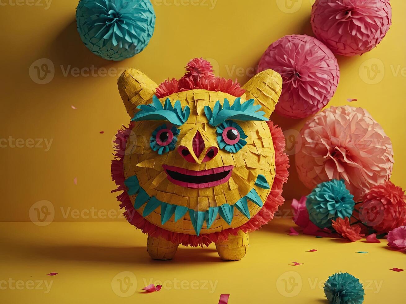 Cinco de Mayo festive poster Bright funny pinata on yellow background, top view. photo