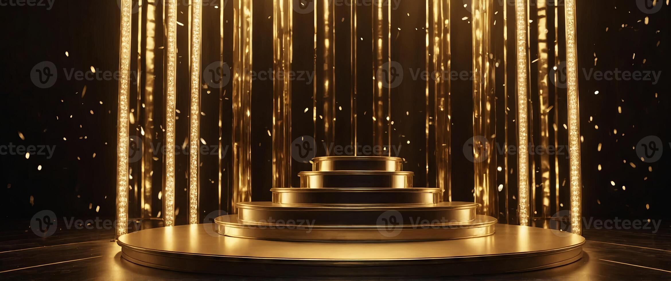 Golden podium illuminated by vertical lights A radiant stage with glowing backdrop for showcase, presentation or award ceremony. photo