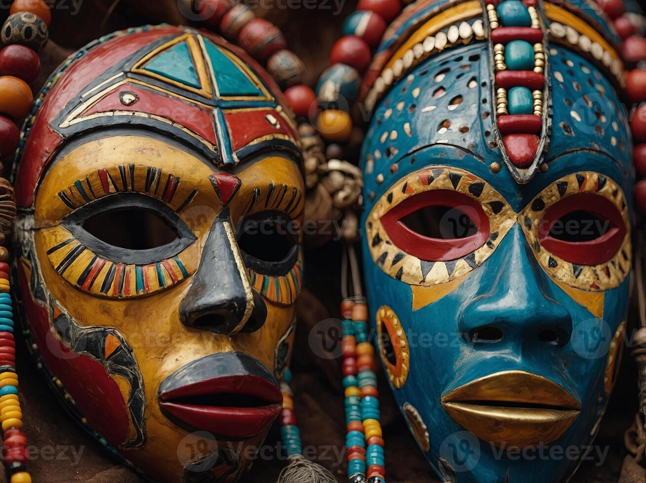 A group of African masks with colorful designs and beads. photo
