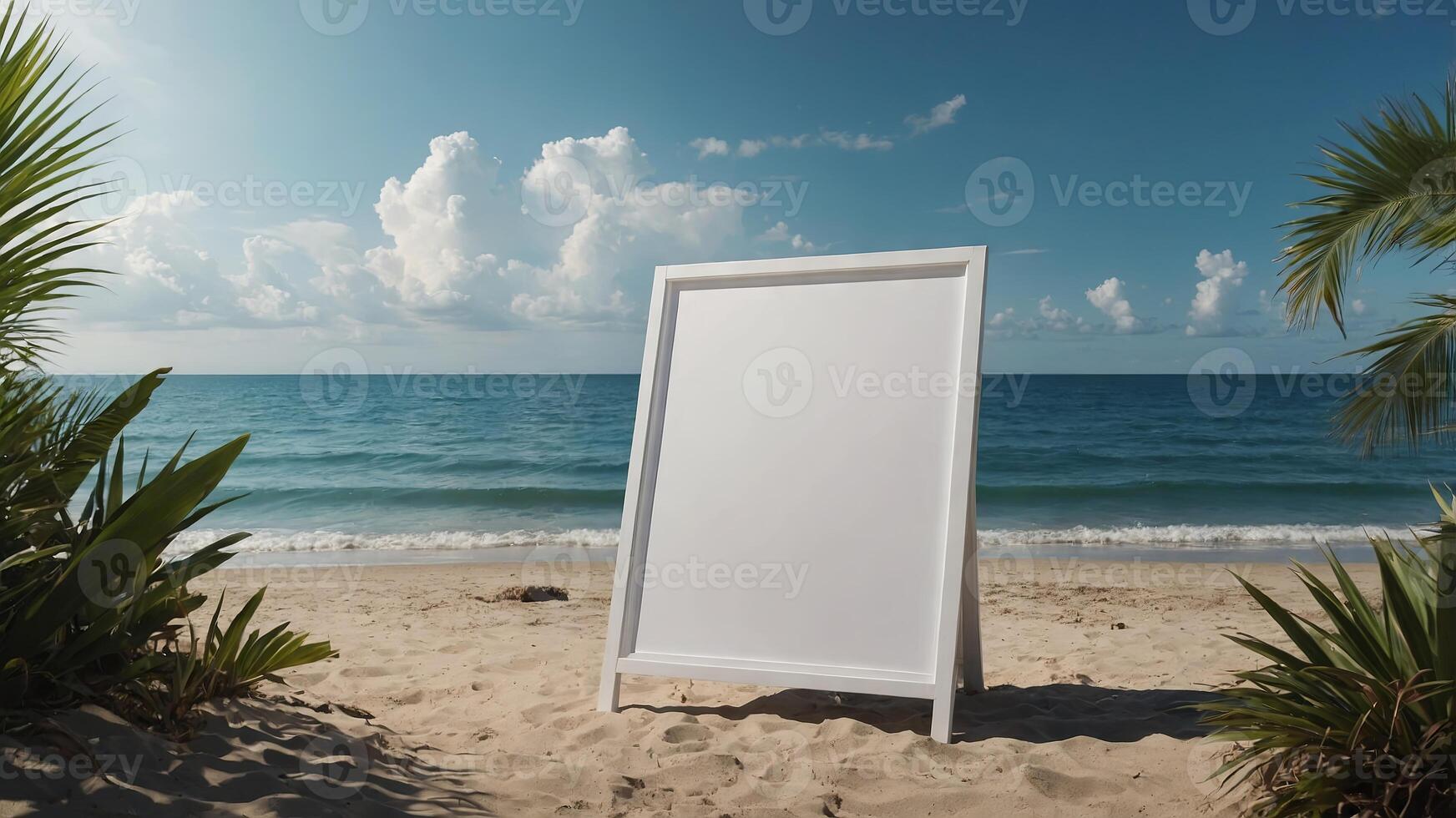 mockup of a blank cover white poster sign with a beach summer vacation background. photo
