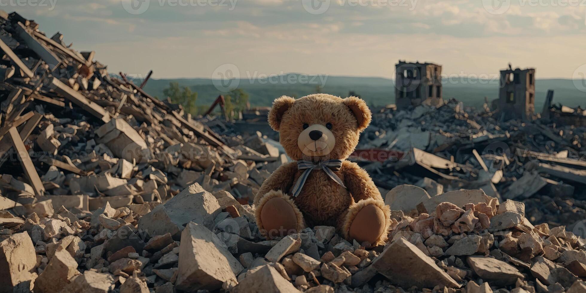 A teddy bear is sitting on a pile of rubble. photo
