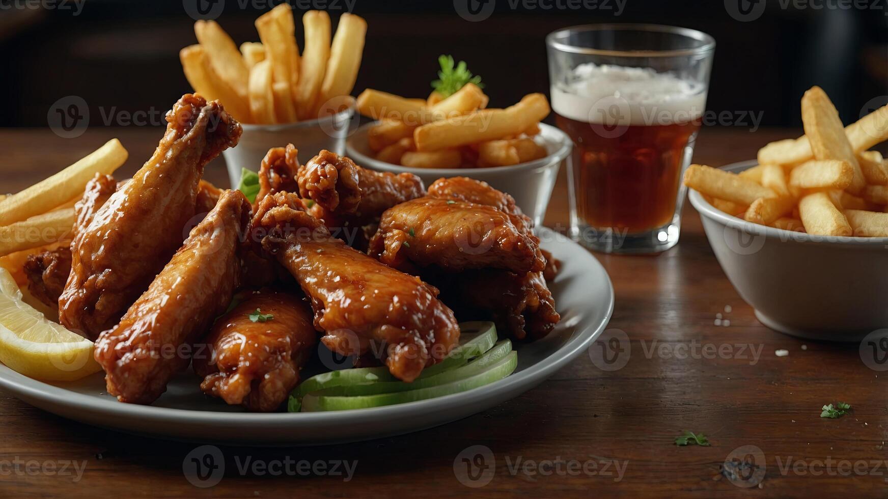 pub appetizers such as chicken wings, onion rings and french fries in panoramic composition. photo