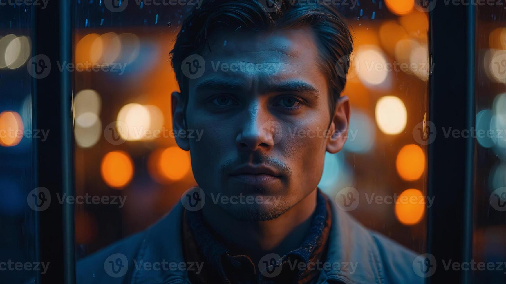 A close-up of a persons face seen through a window with blue and orange lights. photo