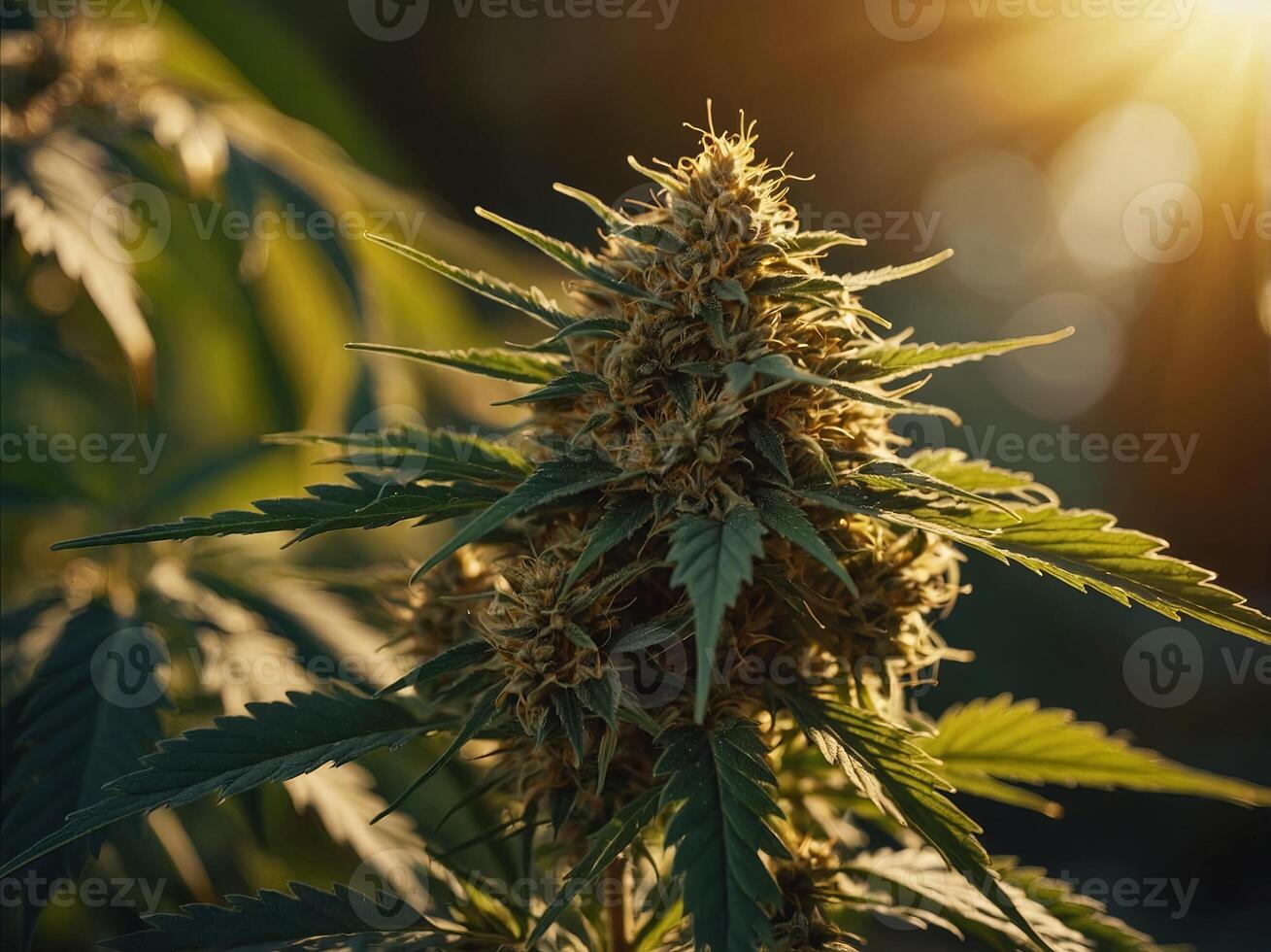 Close-up of a cannabis plant with golden sunlight. photo