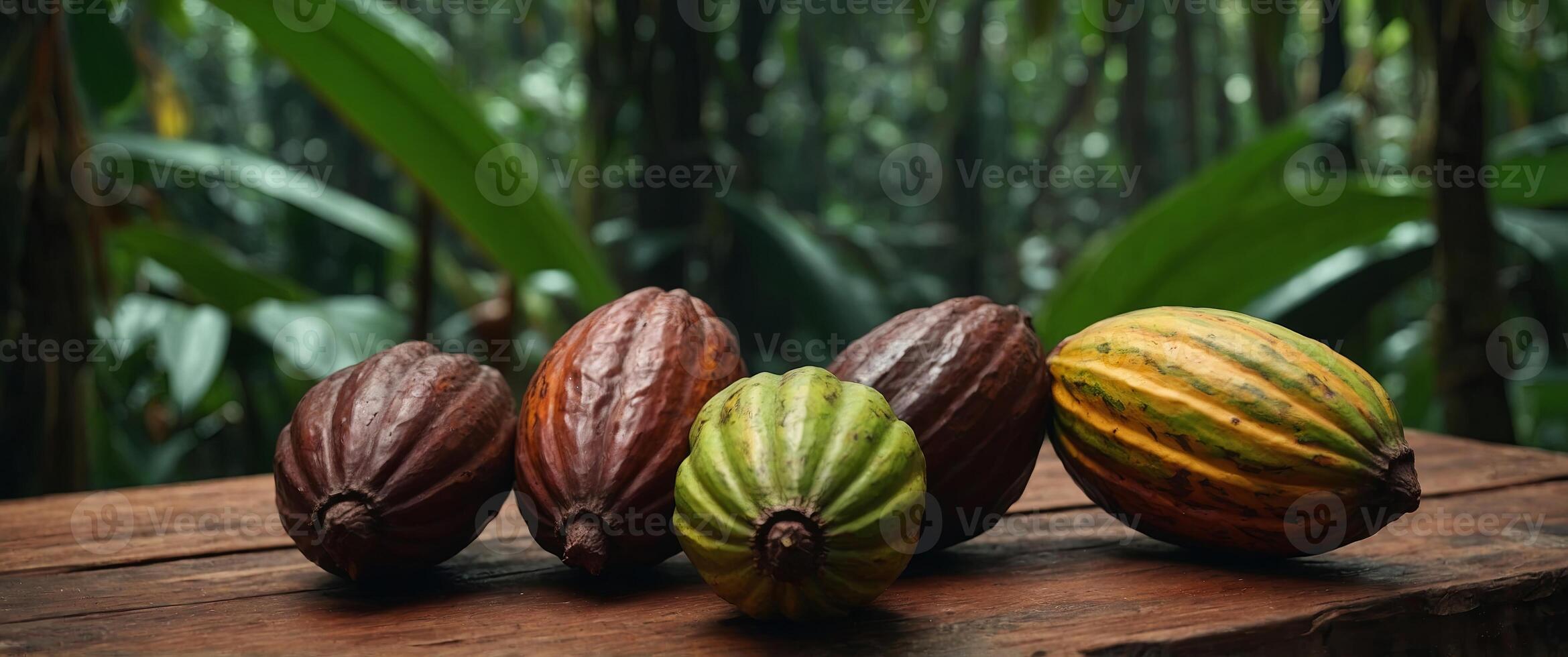 Cocoa pods on a wooden platform in a lush tropical forest. photo