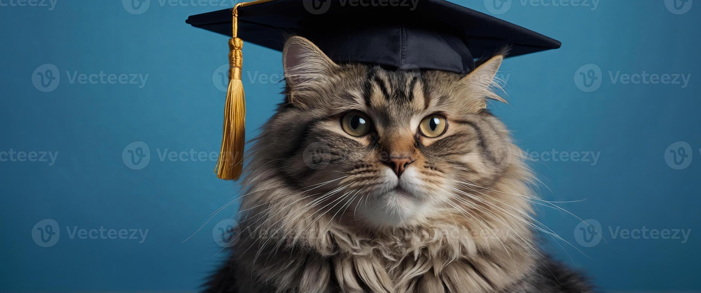 Fluffy funny cat wearing a graduate regalia black hat on blue background with copy space. photo