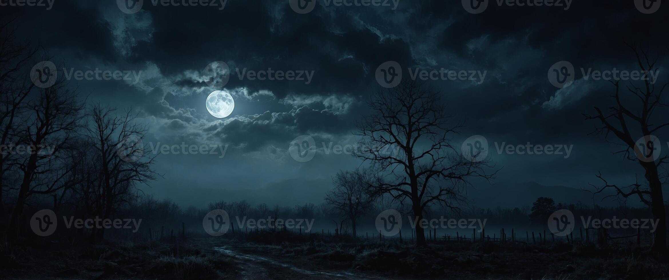 Epic spooky night scene with a full moon shining on a misty stormy sky Horror concept art. photo