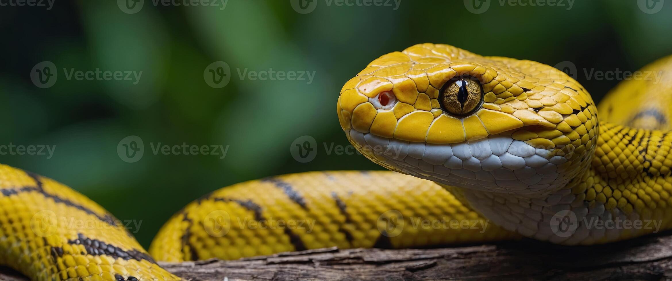Close-up of a yellow viper coiled on a branch, Indonesia. photo
