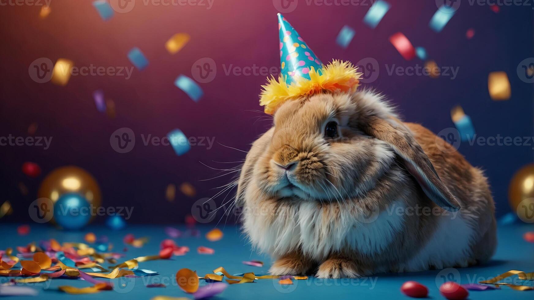 Cute fluffy rabbit in party hat on color background. photo