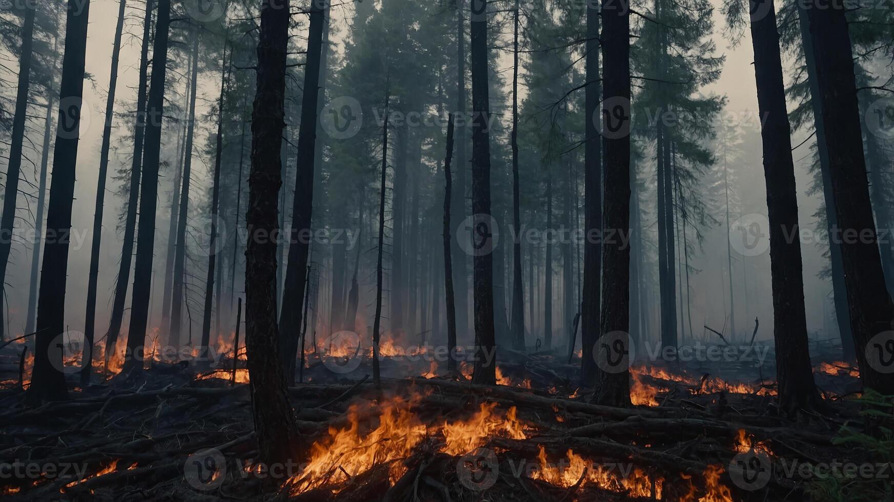 Flaming forest Replanting, Reforestation Deforested landscape Smoke and ashes and fog and fire. photo