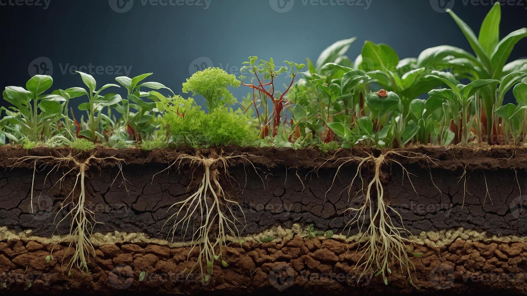 Cross section of earth showing the process of plant growth and their intricate root systems. photo