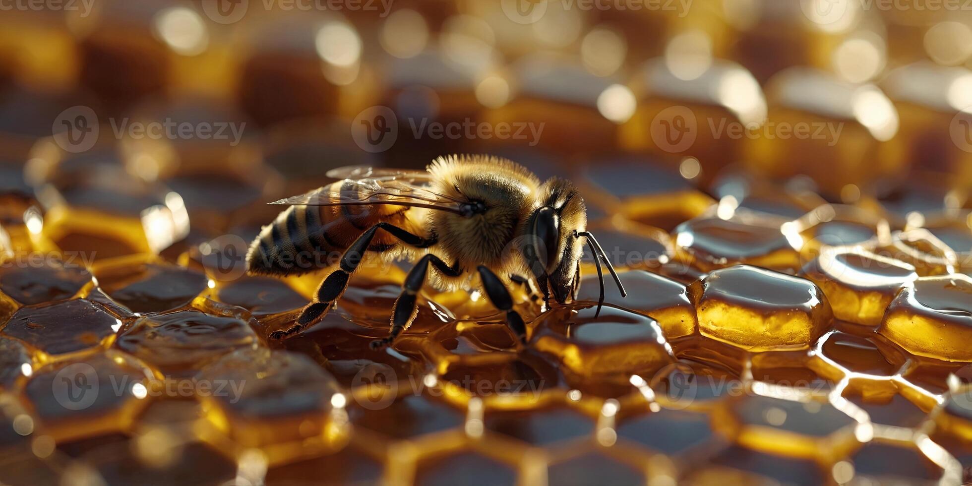 Close up view of the working bees on honey cells. photo