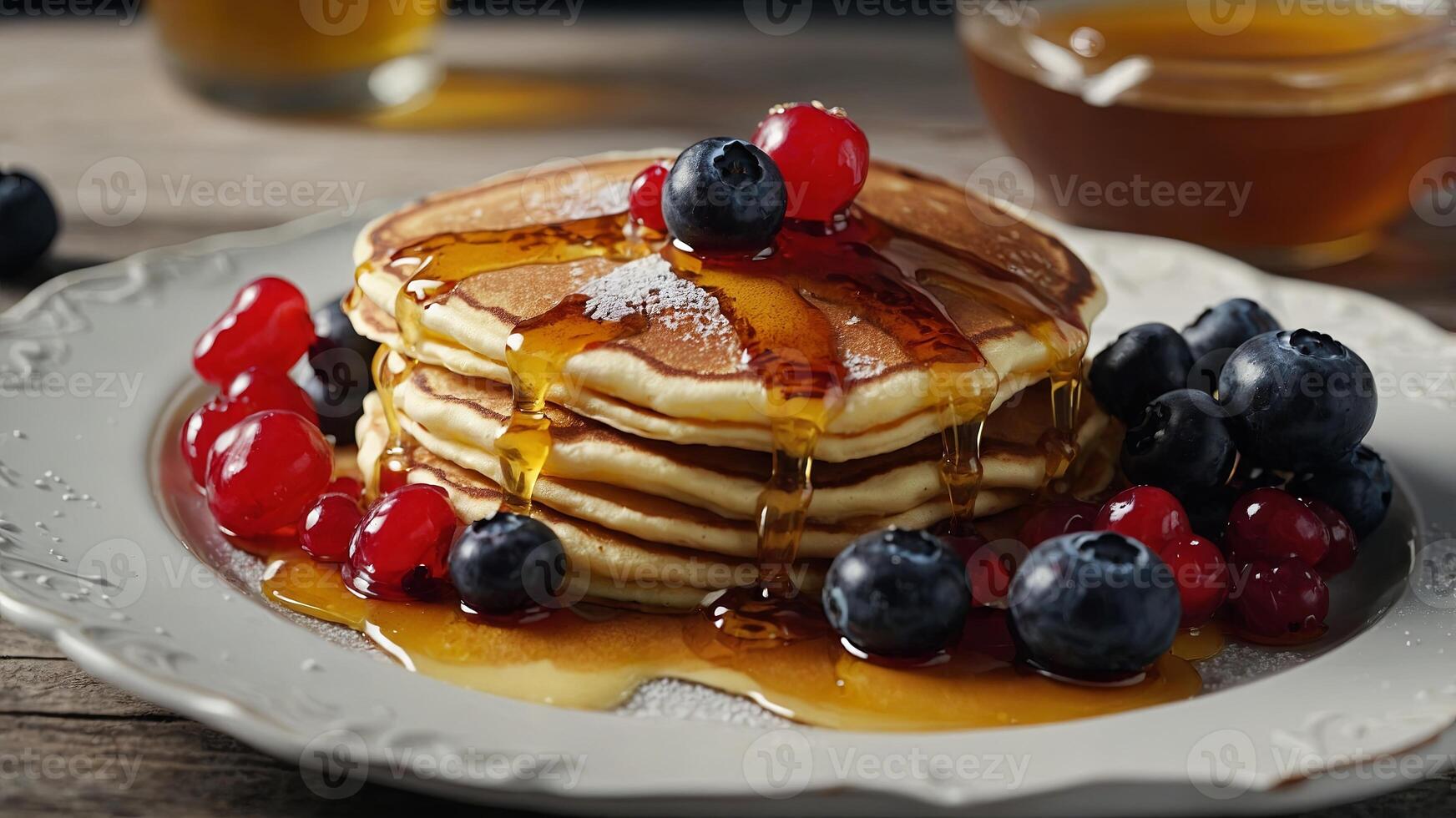 Close-up of a plate of pancakes with fresh blueberries, redcurrants, cream and honey. photo