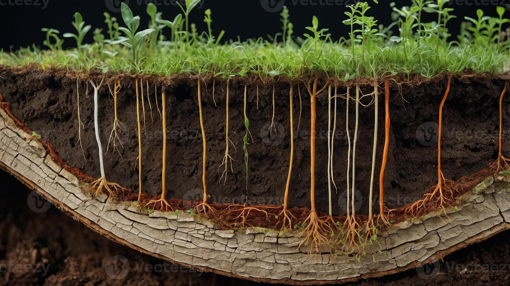 Cross section of earth showing the process of plant growth and their intricate root systems. photo