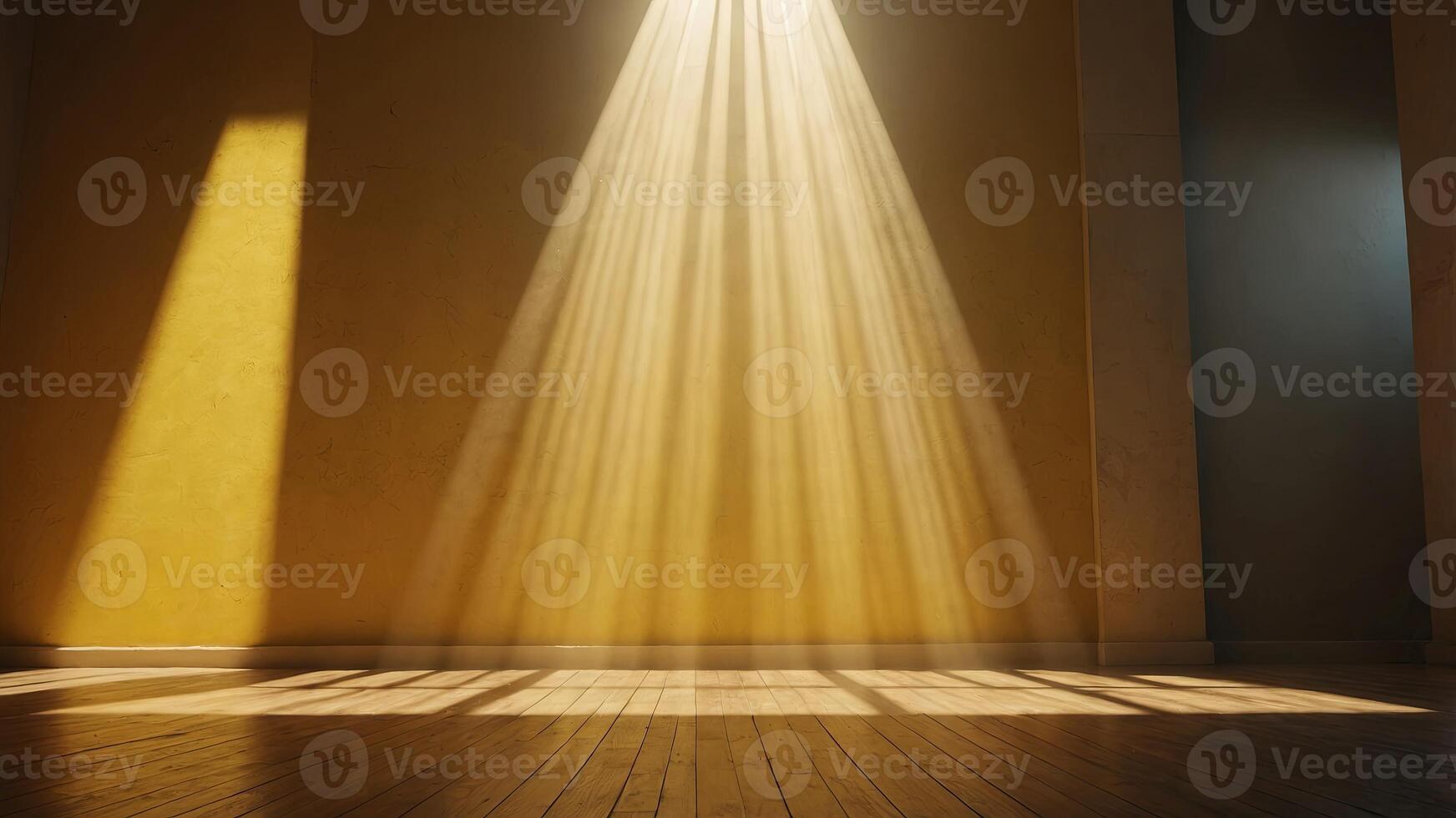 Empty wall room with light rays on yellow background. photo