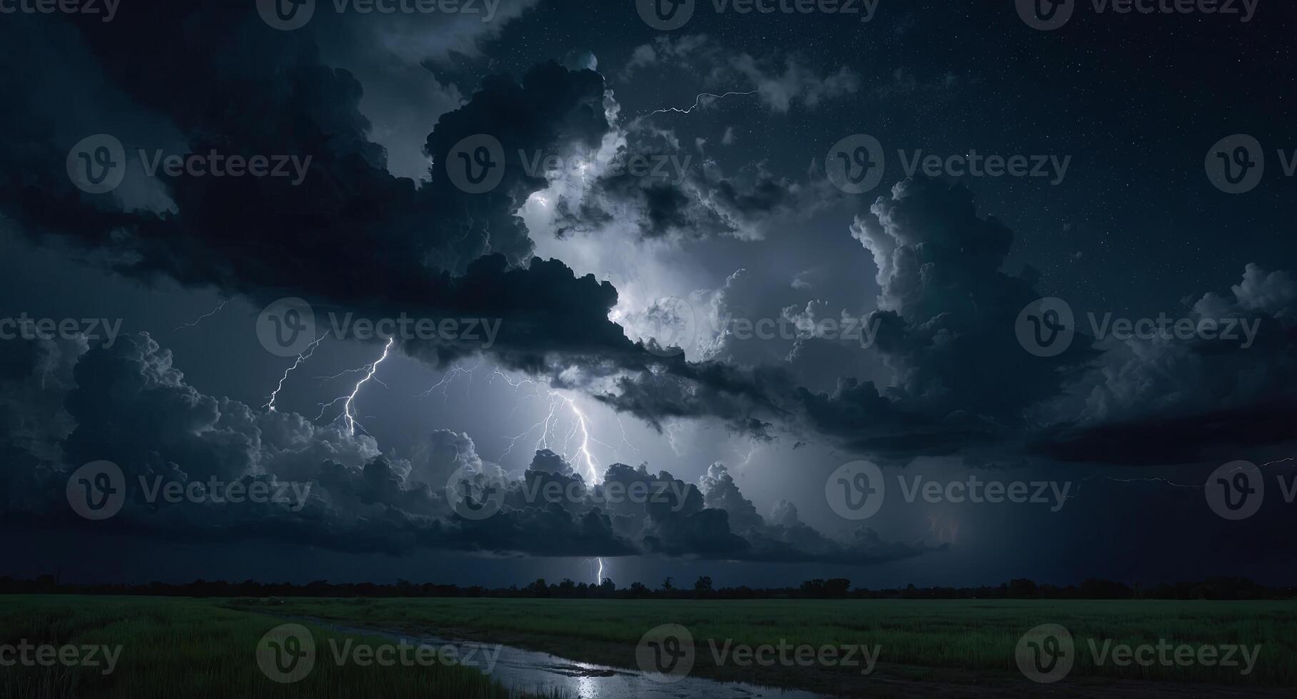 Dramatic night sky with lightning illuminating the clouds, stars twinkling above, and the moon's calm presence amidst the storm's power. photo