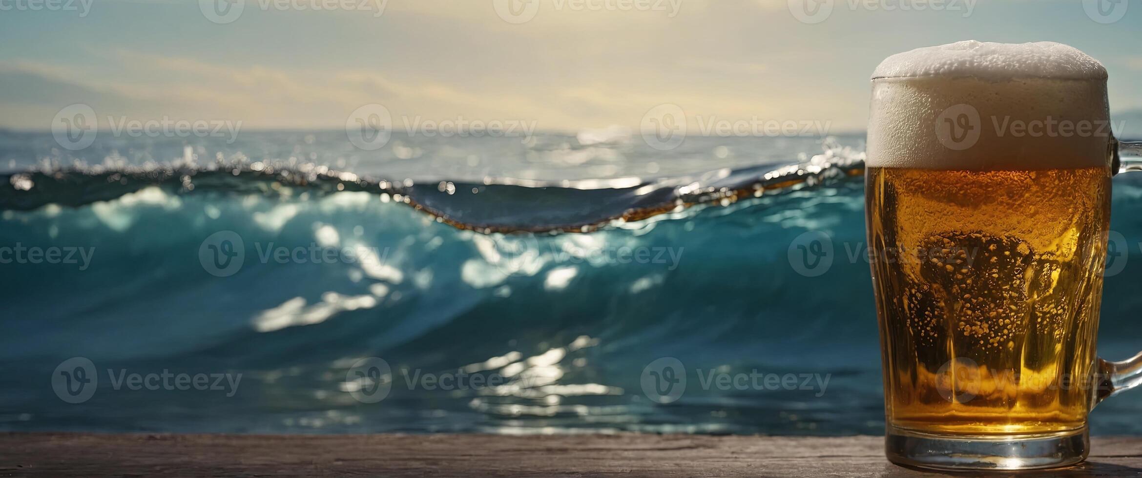 Pouring beer with bubble froth in glass for background on front view wave curve shape. photo