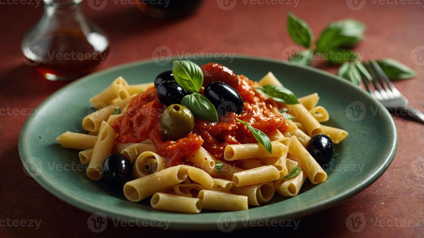 Plate with tasty pasta, olives and tomato sauce on color background. photo
