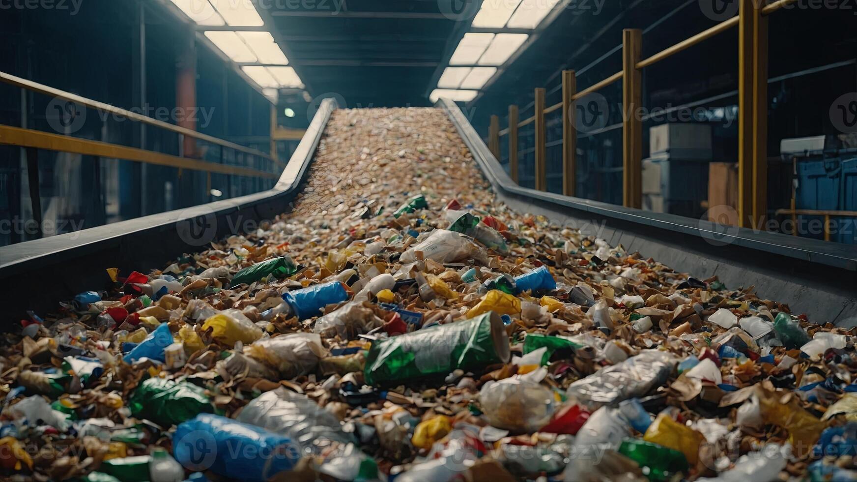 Photo of a conveyor belt overflowing with recyclable waste materials.