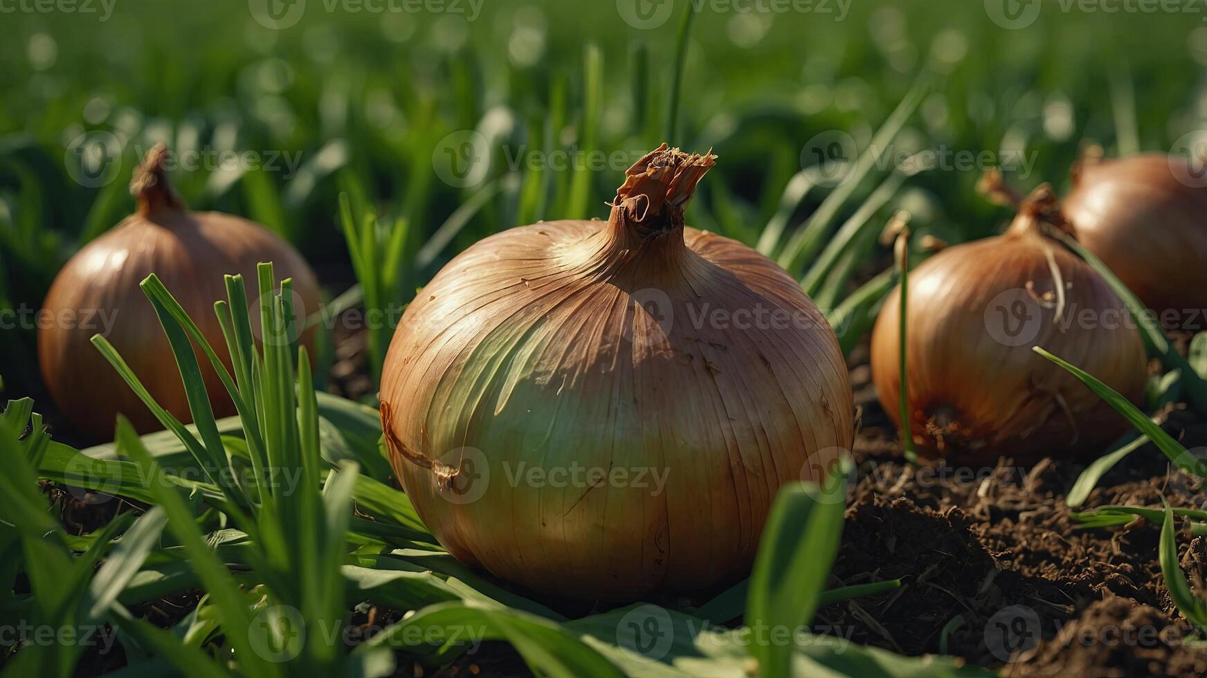 Close-up of Freshly Grown Onions in Lush Green Field. photo