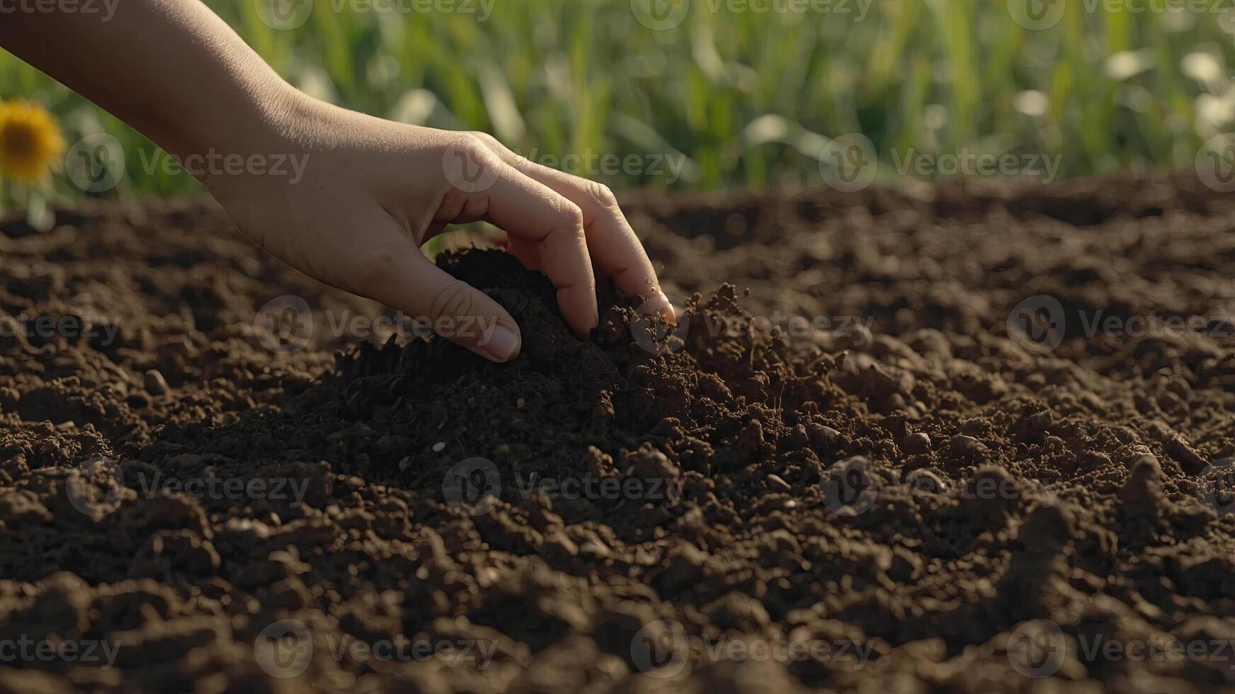 Female hands touching soil on the field Idea of a rich harvest. photo