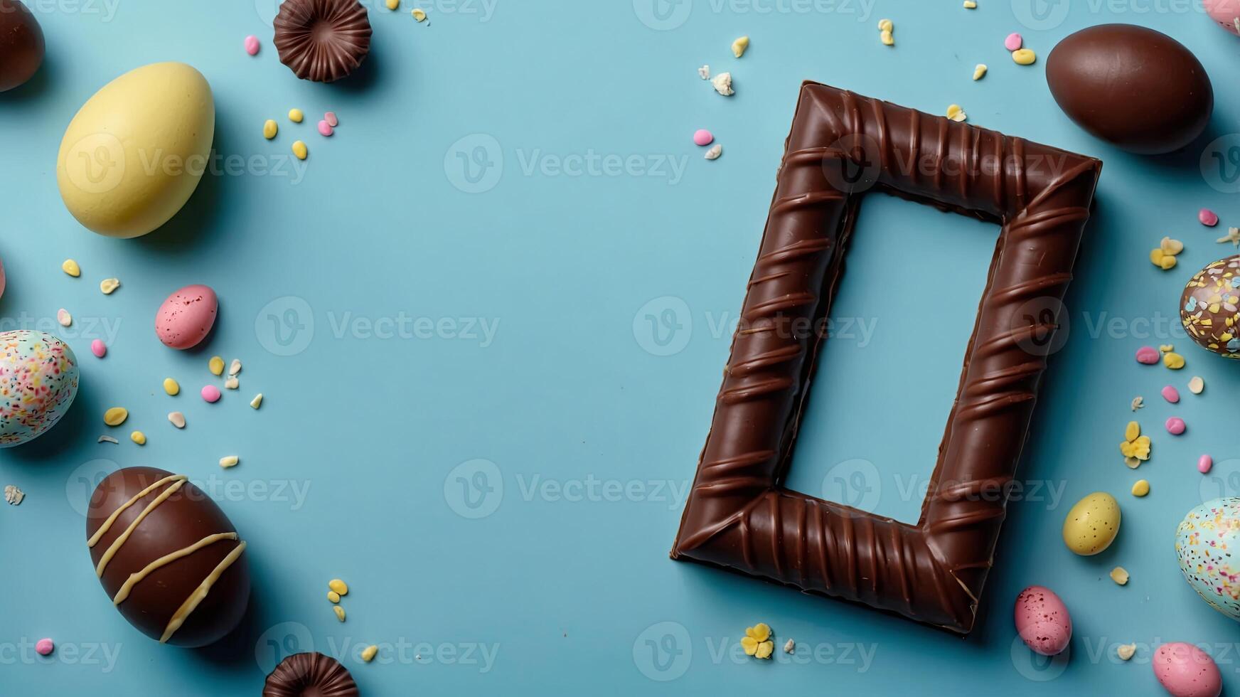 Easter frame from sweet chocolate treats for Easter on light blue background. photo