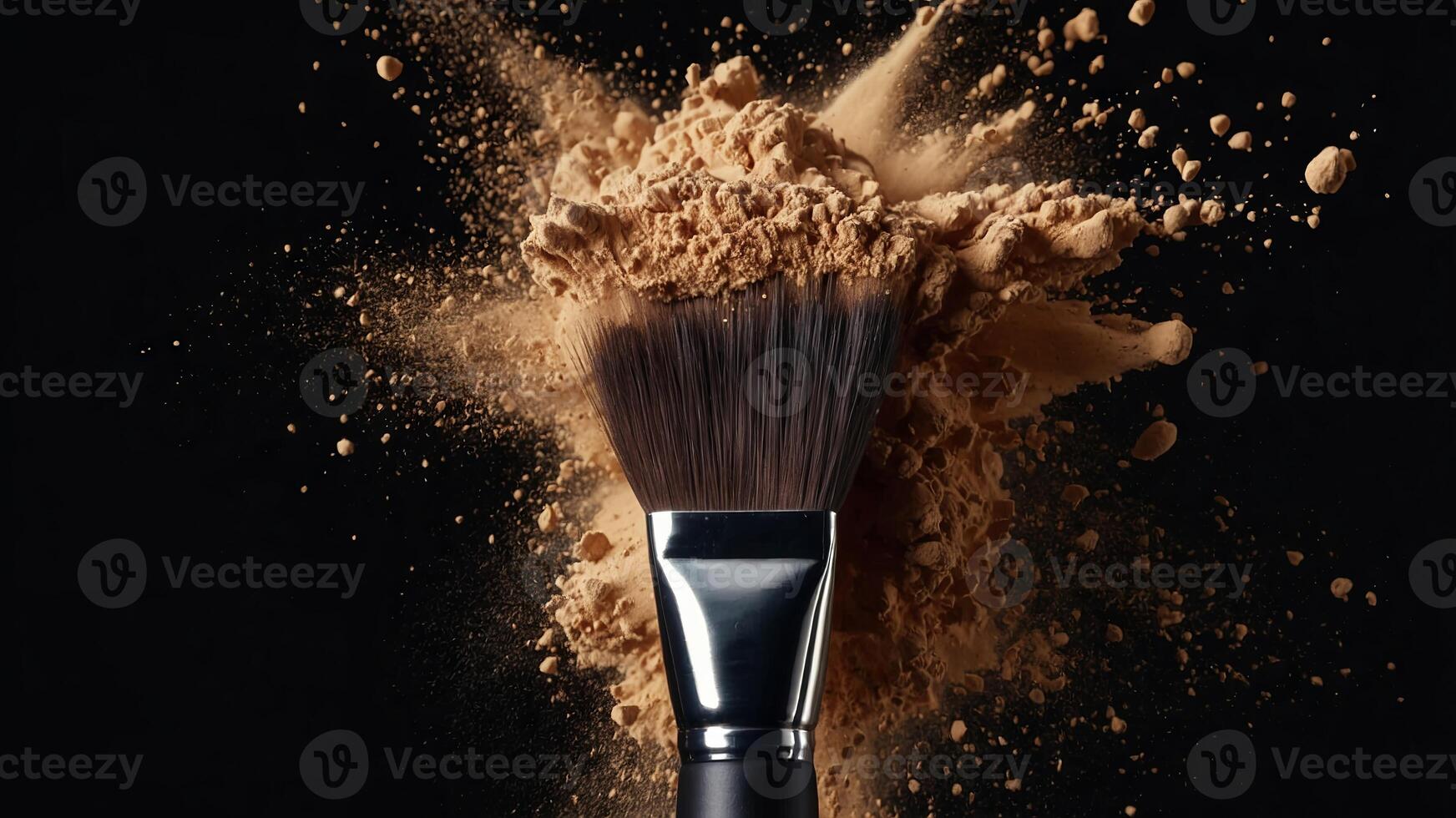 cosmetics brush with glowing face powder dust explosion on black background. photo