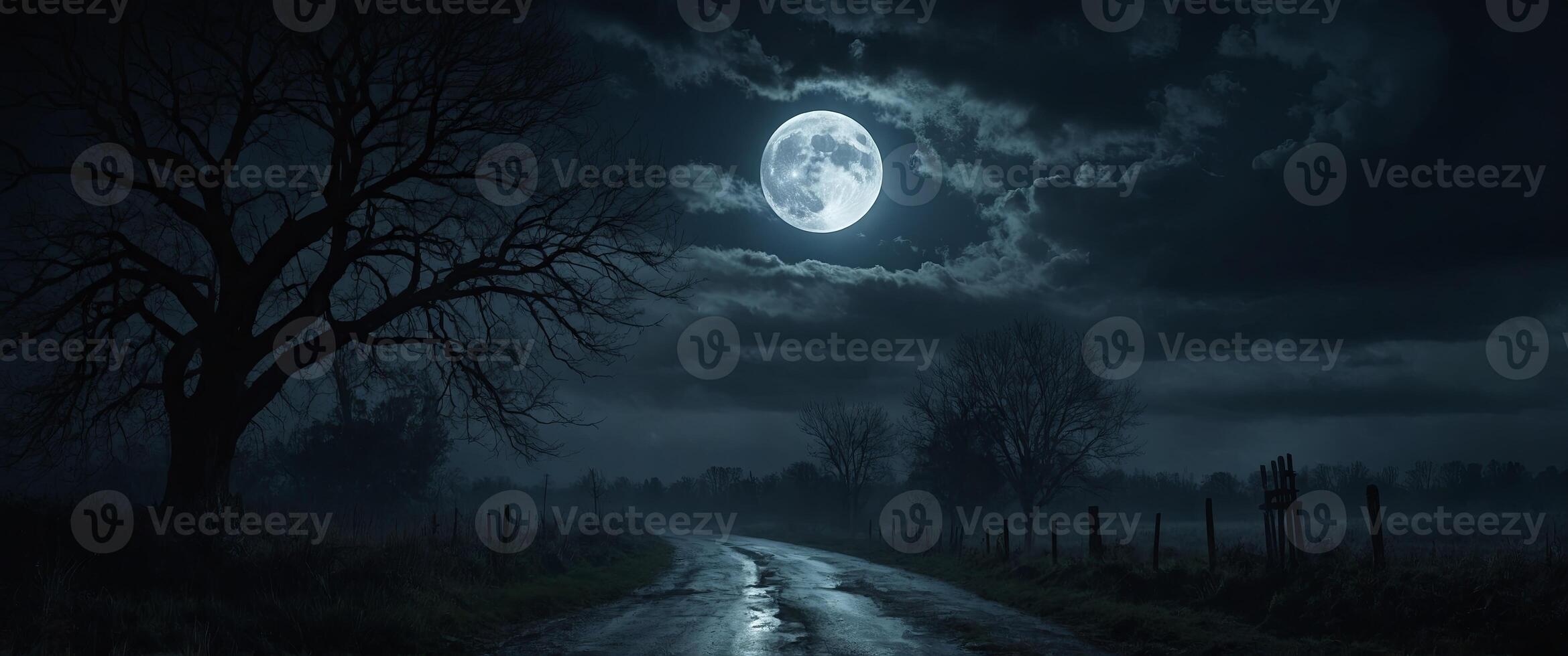 Epic spooky night scene with a full moon shining on a misty stormy sky Horror concept art. photo