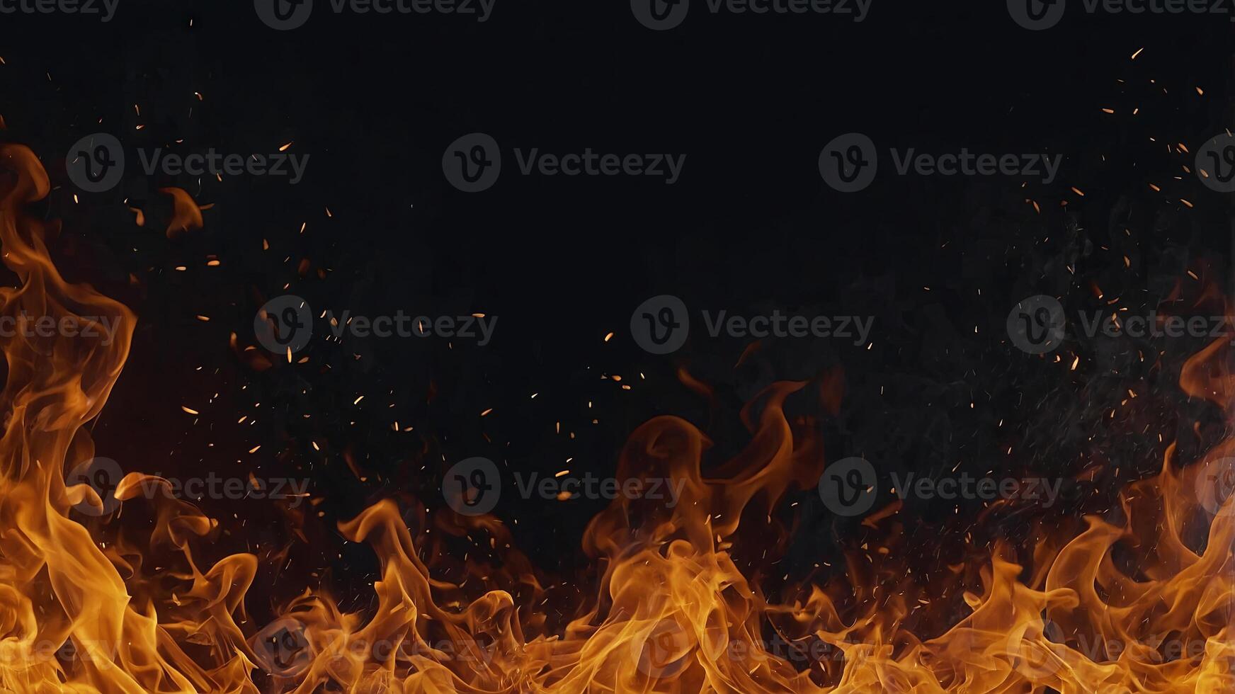 Fire flame background burning on black dark backdrop, abstract glowing orange yellow banner poster header cover design copy space. photo