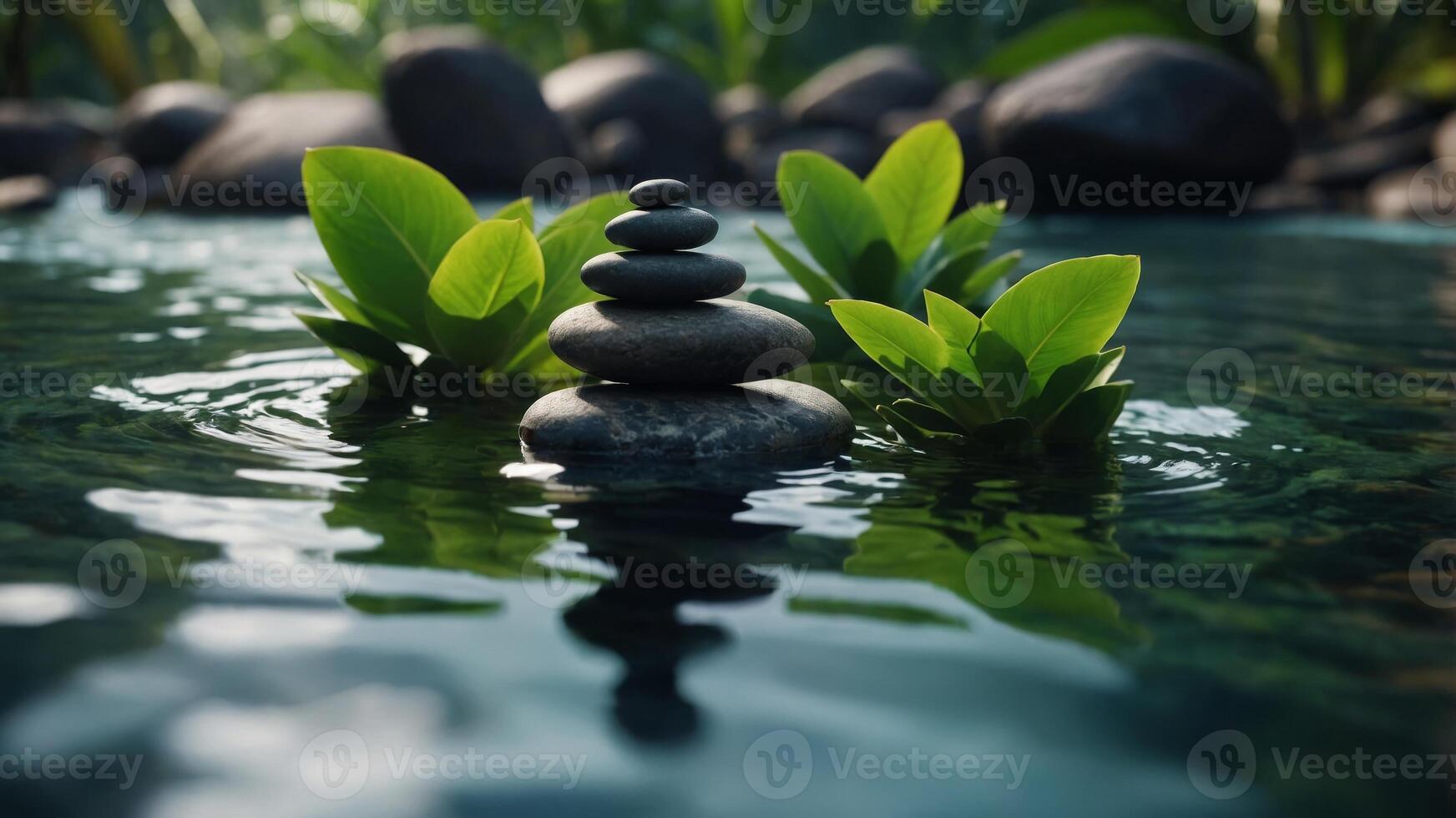 Zen stones pyramid on water surface, green leaves over it. photo