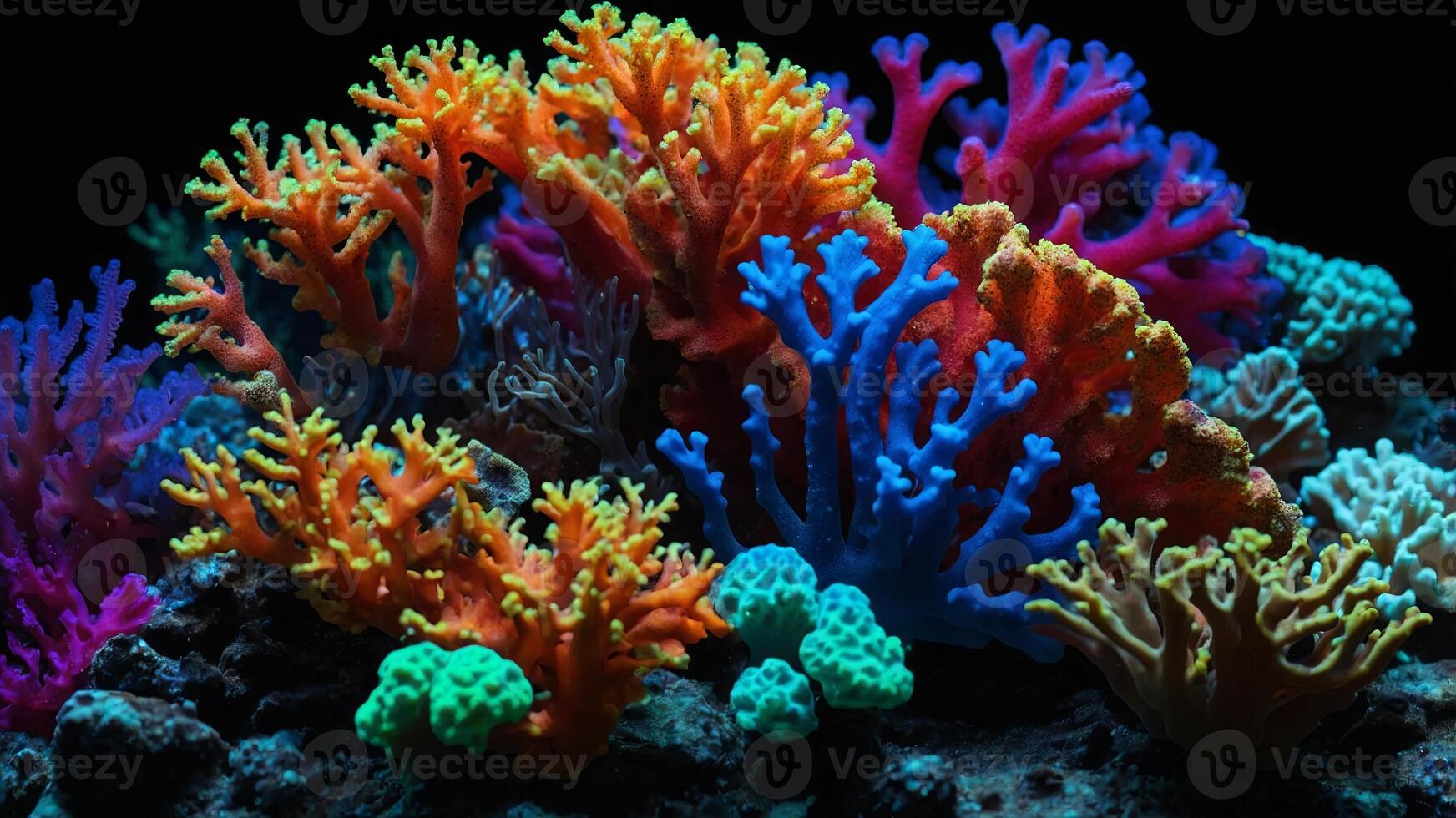 colourful fluorescent corals isolate on black background. photo