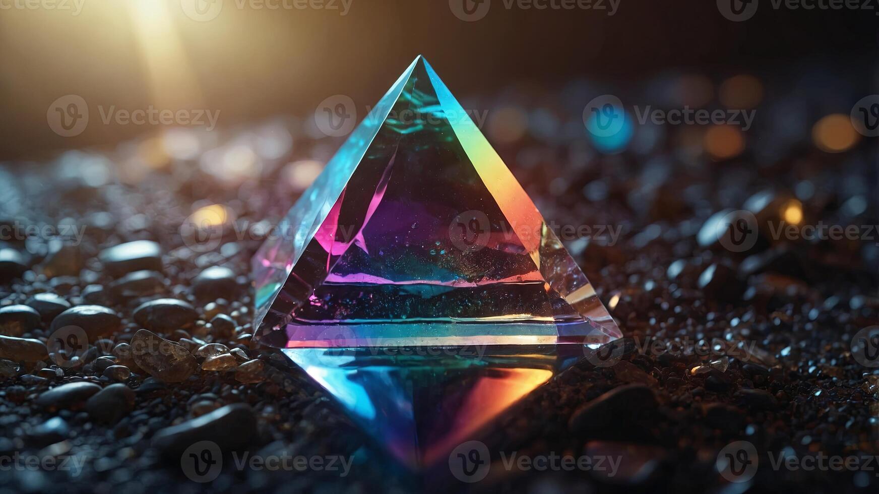 crystal prism pyramid with refracted light spectrum. photo