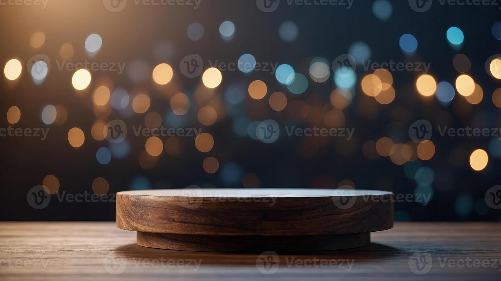 empty podium for product display mockup with bokeh lights background. photo