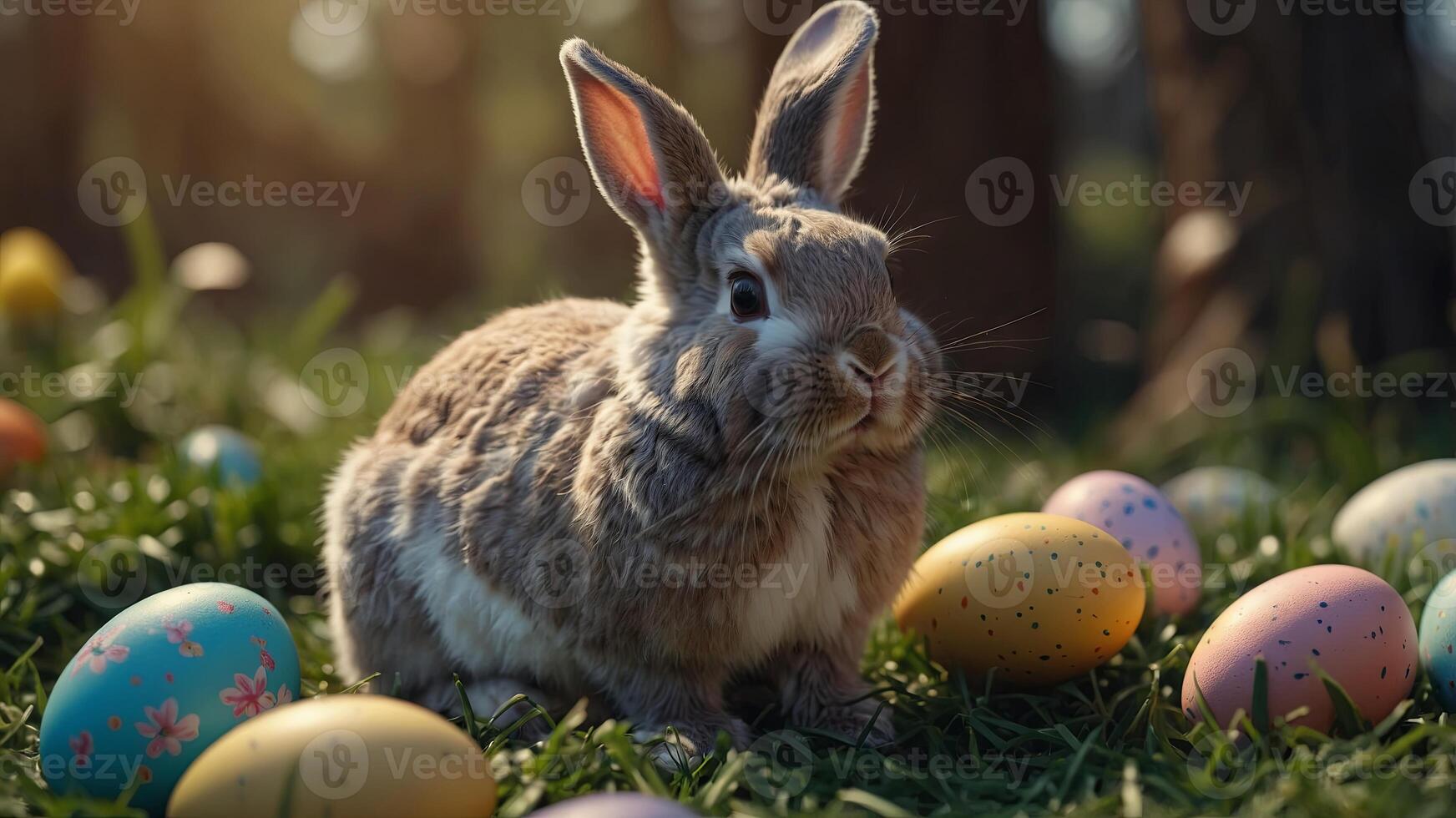 cute Easter bunny with eggs background with copy space. photo
