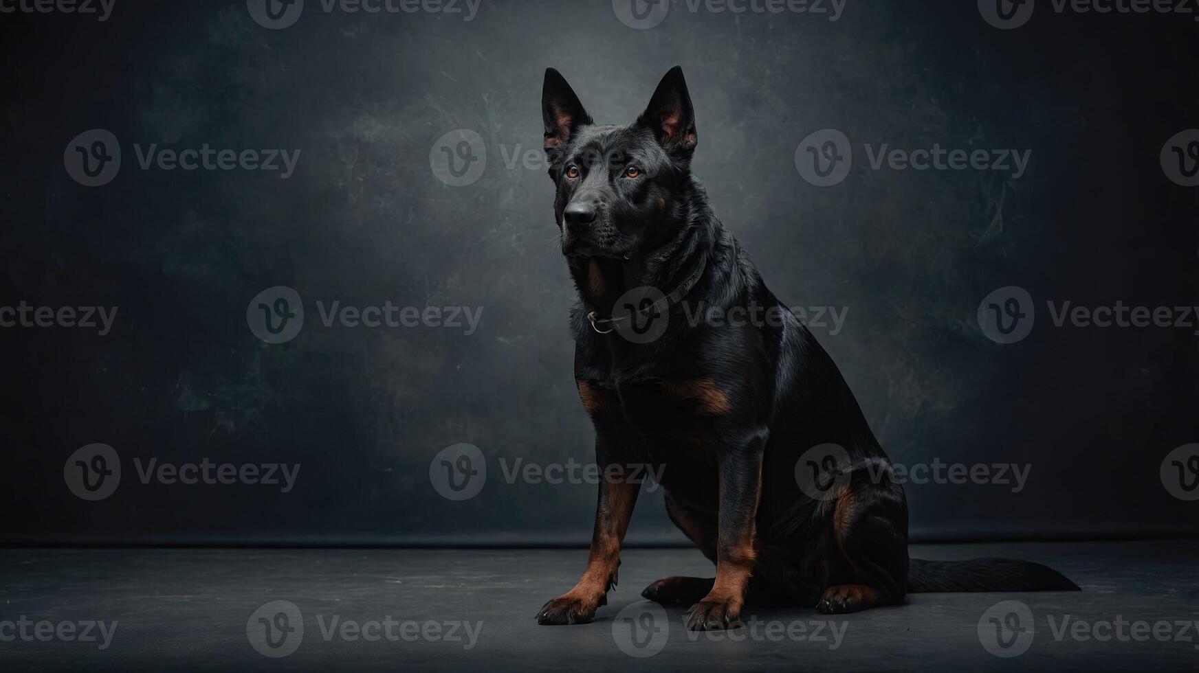 Black working dog poses on dark grey background. photo